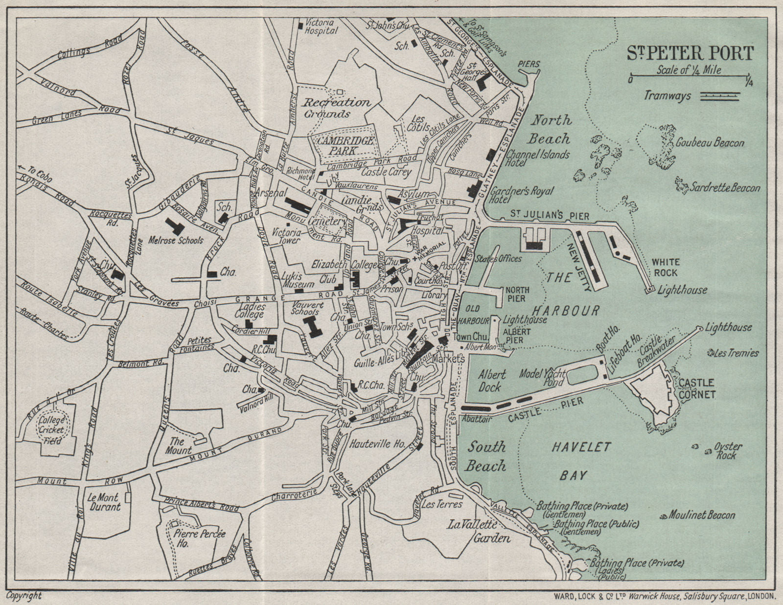 ST PETER PORT vintage town plan. Guernsey Channel Islands. WARD LOCK 1930 map